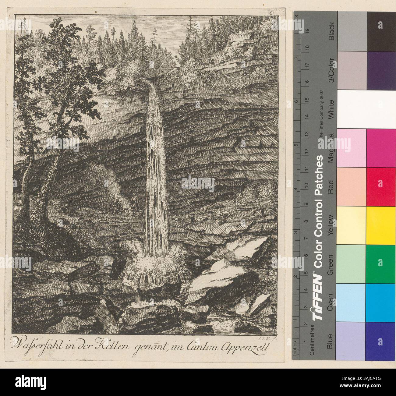 Cette gravure de Johann Jakob Koller, datée de 1775, illustre la cascade de Kellen dans le canton d'Appenzell. Il fait partie d'une série qui dépeint des paysages suisses et est conservé à la Zentralbibliothek Zürich. L'œuvre présente une vue saisissante sur la cascade entourée par la beauté naturelle de la région. Banque D'Images Cette gravure de Johann Jakob Koller, datée de 1775, illustre la cascade de Kellen dans le canton d'Appenzell. Il fait partie d'une série qui dépeint des paysages suisses et est conservé à la Zentralbibliothek Zürich. L'œuvre présente une vue saisissante sur la cascade entourée par la beauté naturelle de la région. Banque D'Images