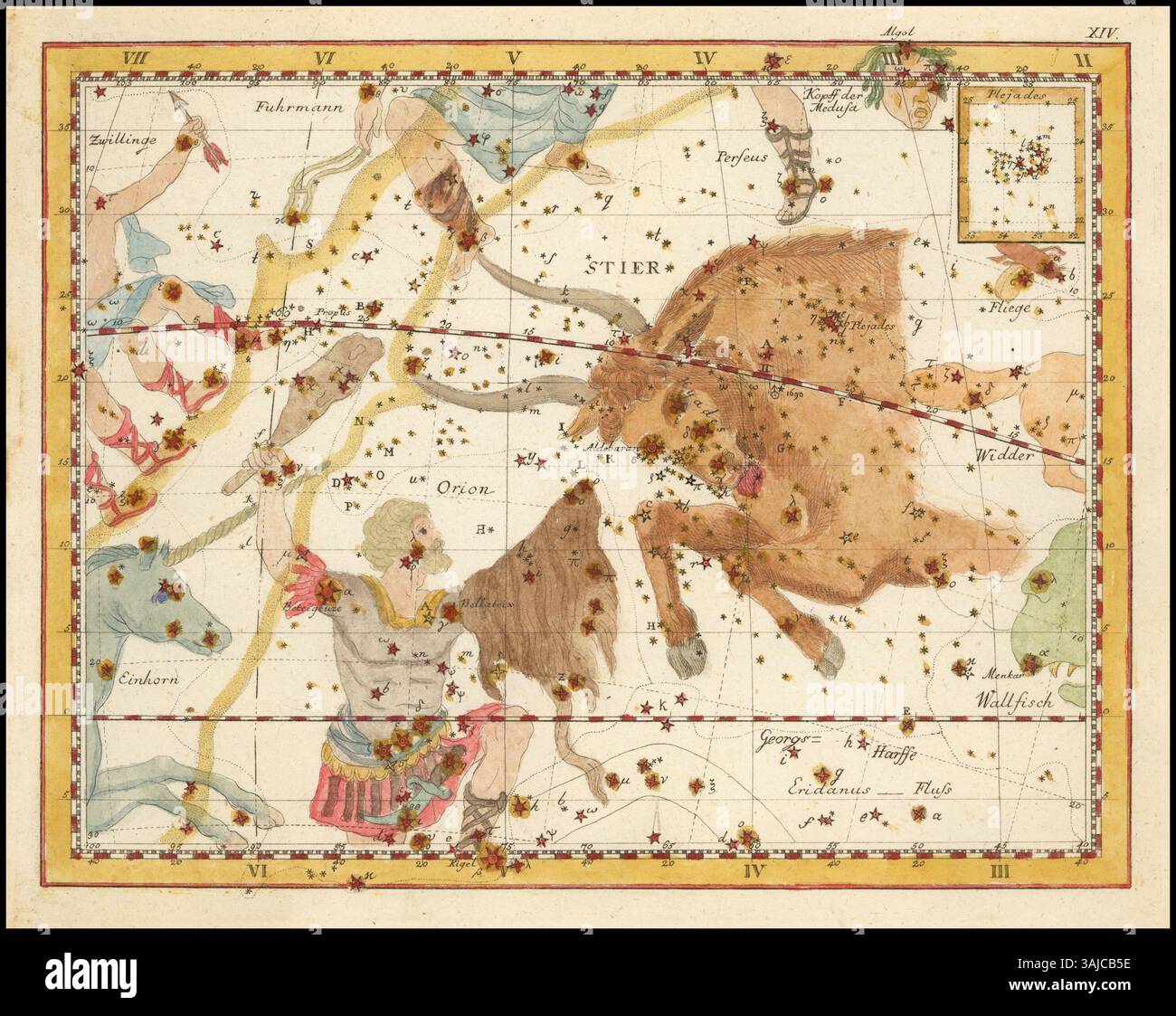 *Stier*, ou Taureau, est une carte stellaire tirée des cartes célestes de Johann Elert Bode de 1805, montrant la constellation du Taureau en détail, basée sur les observations astronomiques de Bode. Banque D'Images