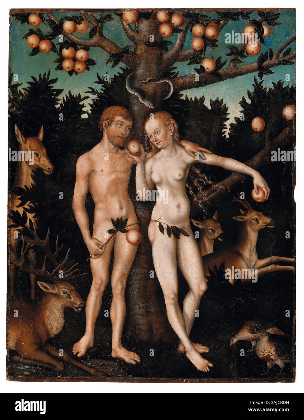 Cette peinture à l'huile de Wolfgang Krodel de 1550, intitulée « Adam et Eve dans le jardin d'Eden », met en valeur l'histoire biblique des premiers humains au paradis. La composition illustre leur innocence et le moment avant la chute, représentant le jardin d'Eden dans un cadre naturel serein. Banque D'Images