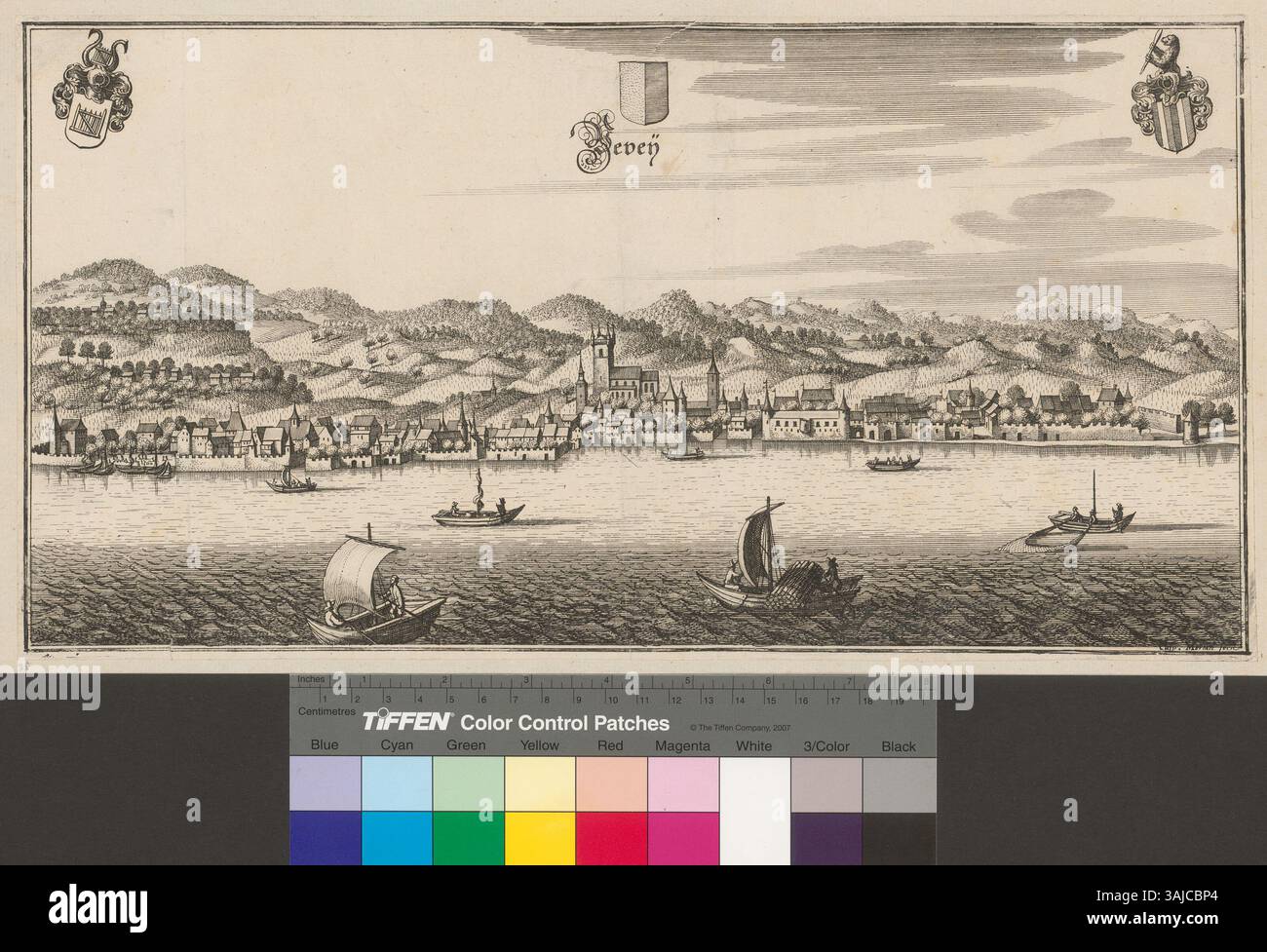 Cette gravure de 1653 de Caspar Merian représente Vevey, une ville de Suisse, dans le cadre de la série 'Topographia Helvetiae'. L'estampe mesure 20,1 x 39,5 cm et a été publiée dans le 'Anhang zu der Topographia Helvetiae' de Martin Zeiller. Banque D'Images