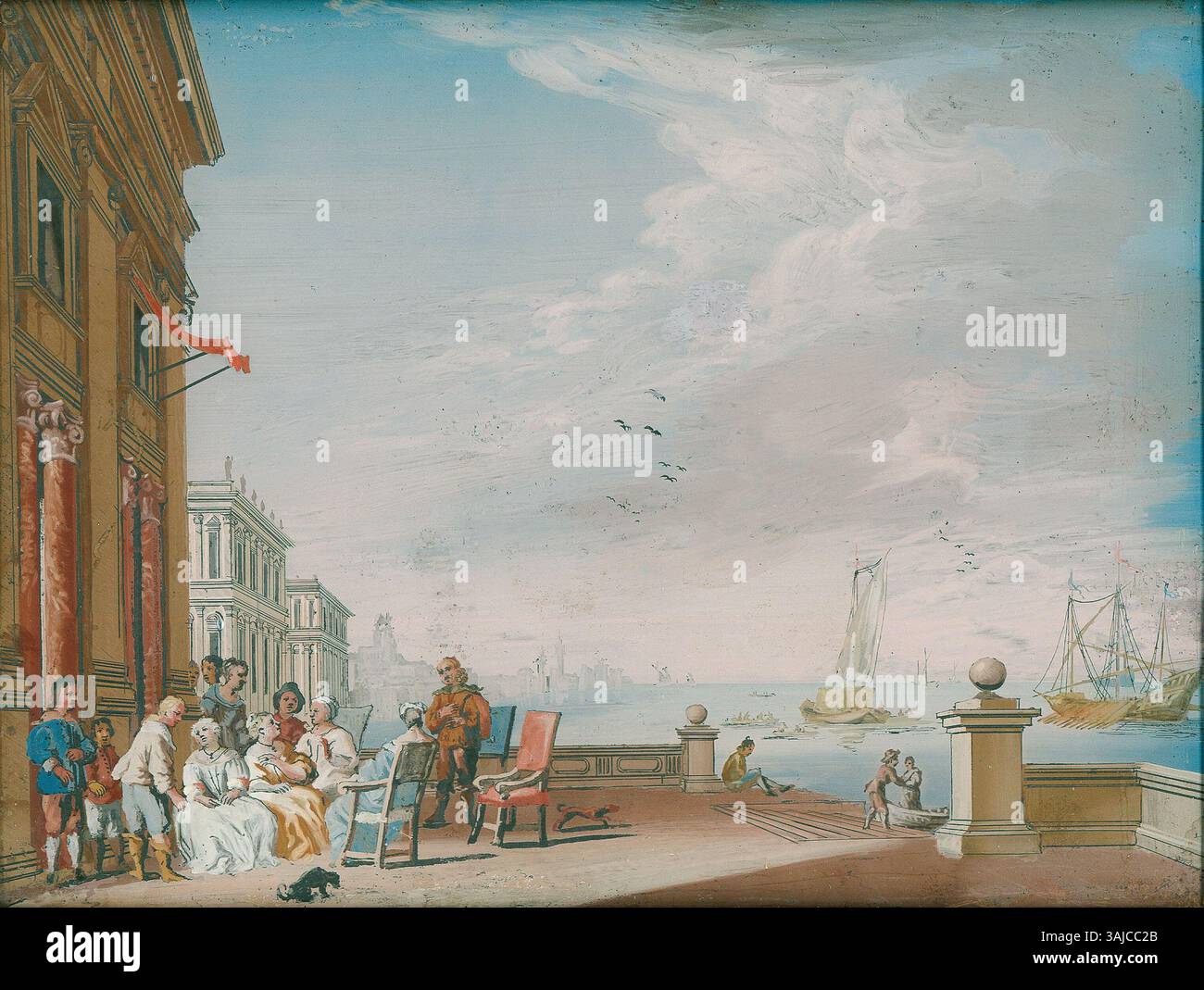 Cette peinture de Johann Wolfgang Baumgartner, vers 1740, représente un rassemblement sur une terrasse au bord de la mer à Naples. L’œuvre est une peinture sur verre inversée aux couleurs transparentes, basée sur une gravure sur cuivre de Melchior Küsel d’après Johann Wilhelm Baur. Banque D'Images