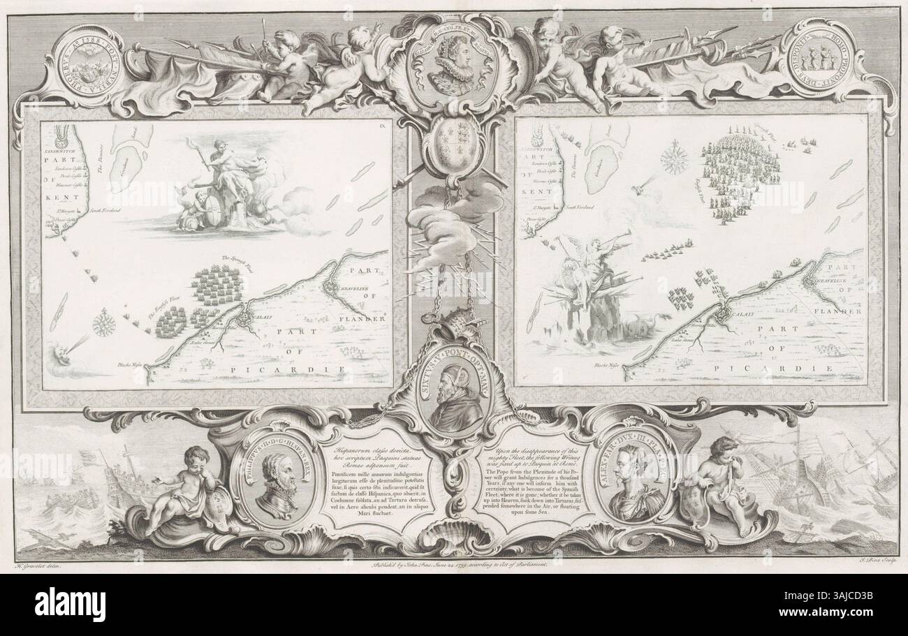 Gravure représentant la flotte anglaise engageant l'Armada espagnole dans le détroit de Douvres. La scène historique capture l'important conflit naval entre l'Espagne et l'Angleterre en 1588, mettant en évidence l'affrontement dramatique entre les deux flottes. Banque D'Images