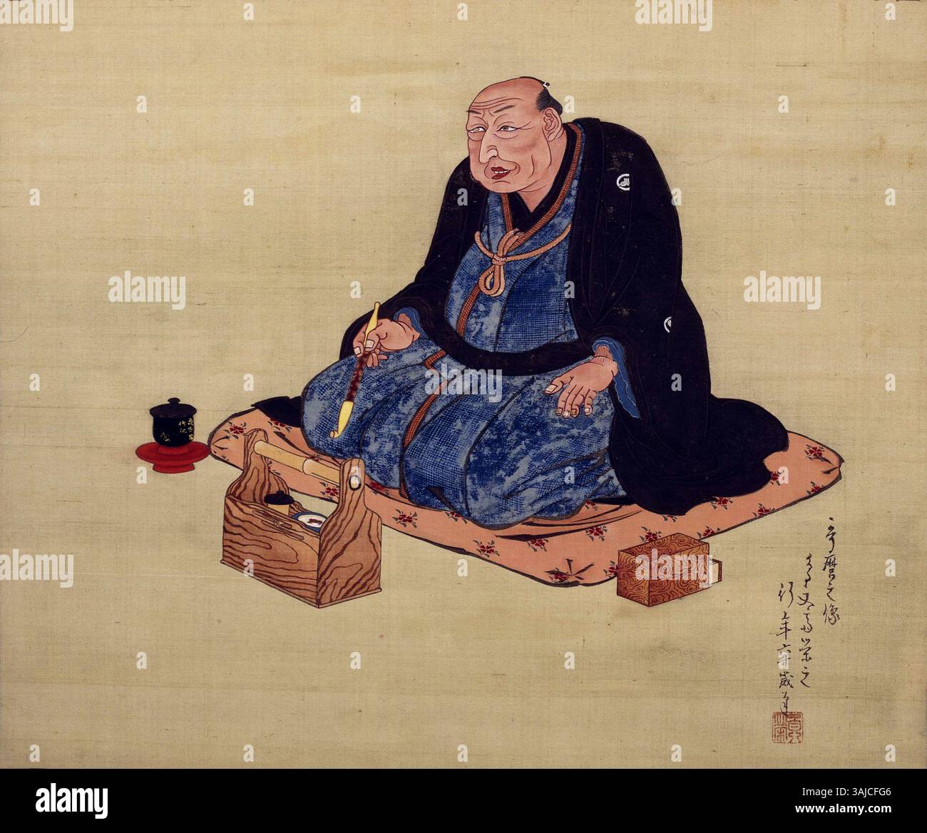 Ce portrait recadré de Kitagawa Utamaro, réalisé en 1815, est attribué à Chobunsai Eishi. Il capture Utamaro, un artiste ukiyo-e de premier plan de la période Edo, dans un style raffiné et expressif. Banque D'Images
