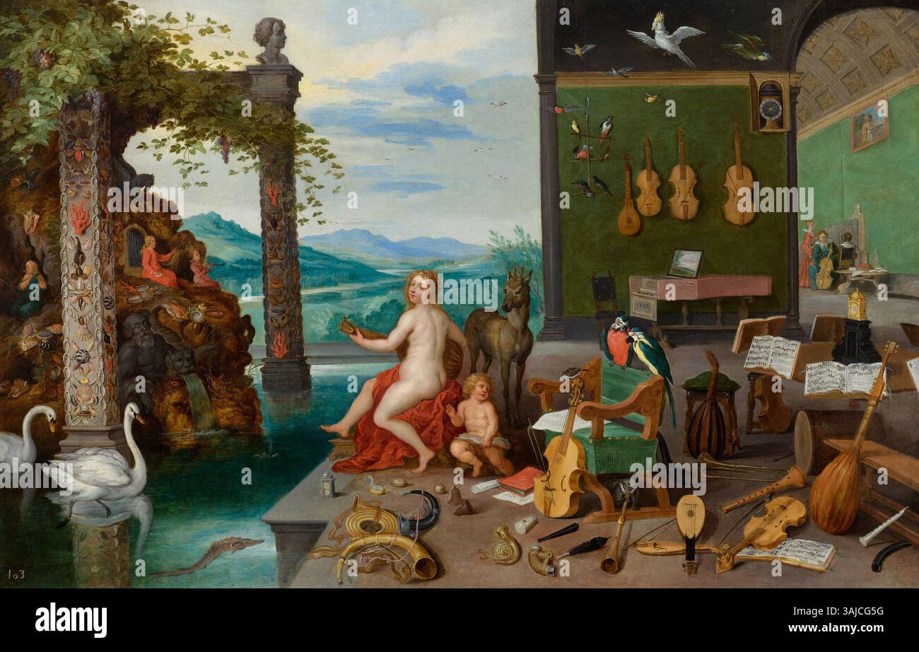 Cette peinture allégorique du XVIIe siècle de Jan Brueghel le jeune dépeint le sens de l'ouïe, avec des éléments symboliques dans la composition. Il s’inspire des œuvres similaires de son père et fait partie de la célèbre série des cinq sens. Banque D'Images