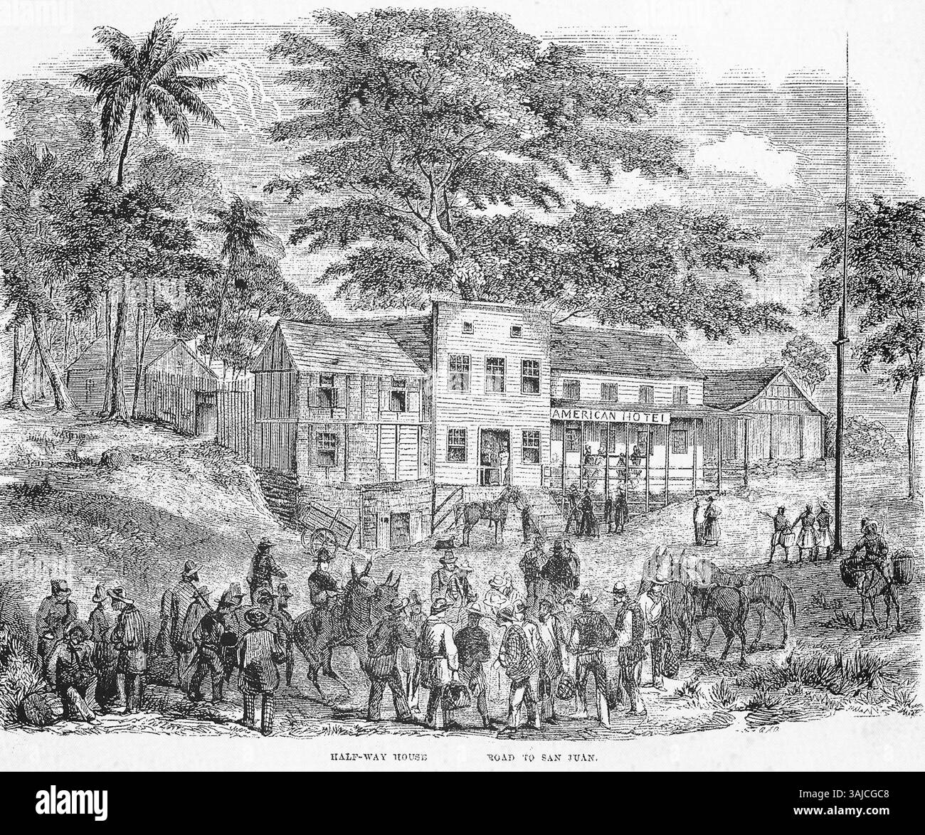 L'illustration représente une maison de transition sur la route de San Juan, Nicaragua, utilisée comme station de passage pour les voyageurs lors de l'expédition de William Walker au Nicaragua, en 1856. Il montre un hôtel américain sur la route de Greytown à San Juan del sur. Banque D'Images