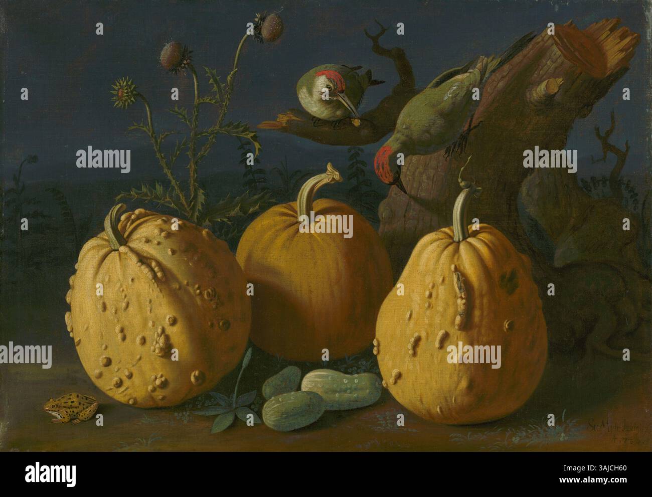 La nature morte avec citrouilles et concombres de Štefan Michal-Vörös Izbighy représente une composition traditionnelle de nature morte de 1734. La peinture présente des citrouilles, des concombres et d'autres légumes disposés sur une surface, mettant en valeur l'attention de l'artiste aux détails et la maîtrise de l'huile sur toile. Banque D'Images