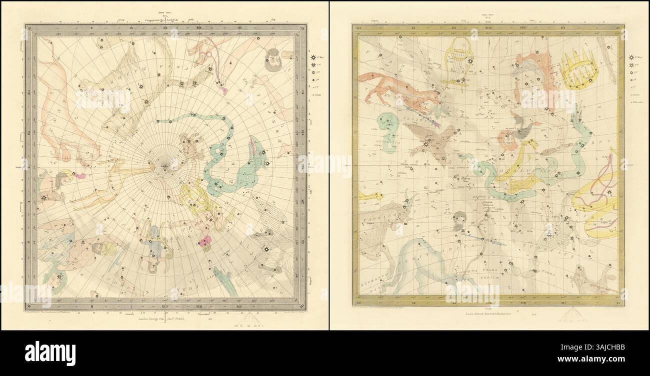 Une paire de cartes célestes de 1830 par le SDUK, illustrant de multiples constellations, y compris Ursa Major, Cassiopée, et d'autres, mettre en évidence les étoiles dans le ciel. Banque D'Images