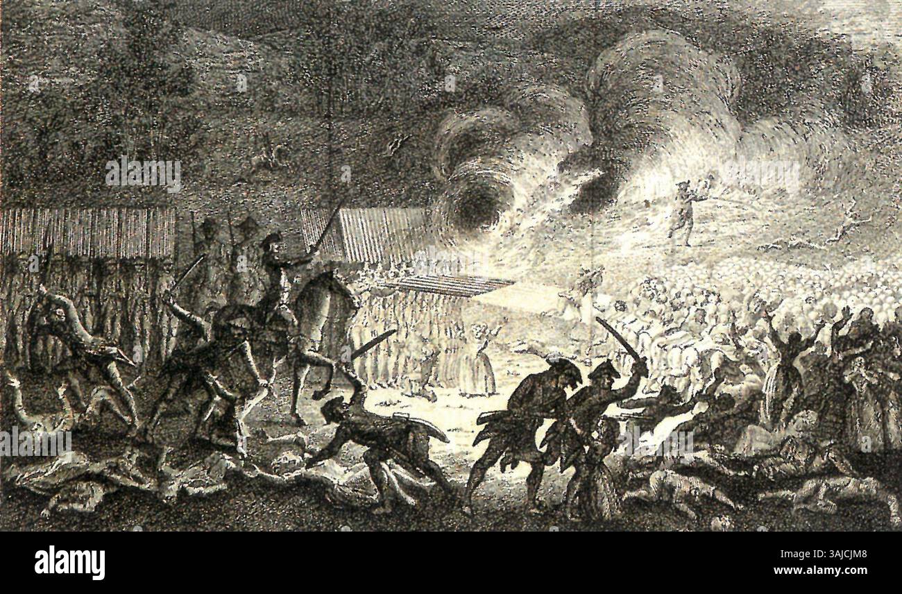 Gravure intitulée 'massacres en Vendée' de Pierre Nicolas Ransonnette, réalisée entre 1782 et 1810. L'œuvre représente les massacres brutaux qui ont eu lieu en Vendée pendant la Révolution française. Banque D'Images