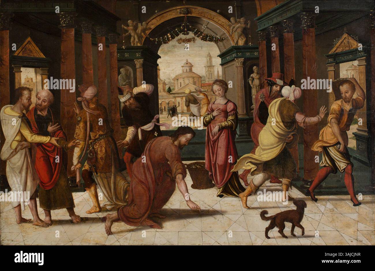 Un tableau de 1540 intitulé « Christ et la femme pris en adultère » par un maître anonyme, représentant la scène biblique où Jésus défend une femme accusée d'adultère. Cette œuvre religieuse, peinte sur panneau, fait partie de la collection du Musée des Beaux-Arts de Gand, mettant en valeur des thèmes chrétiens au XVIe siècle Banque D'Images