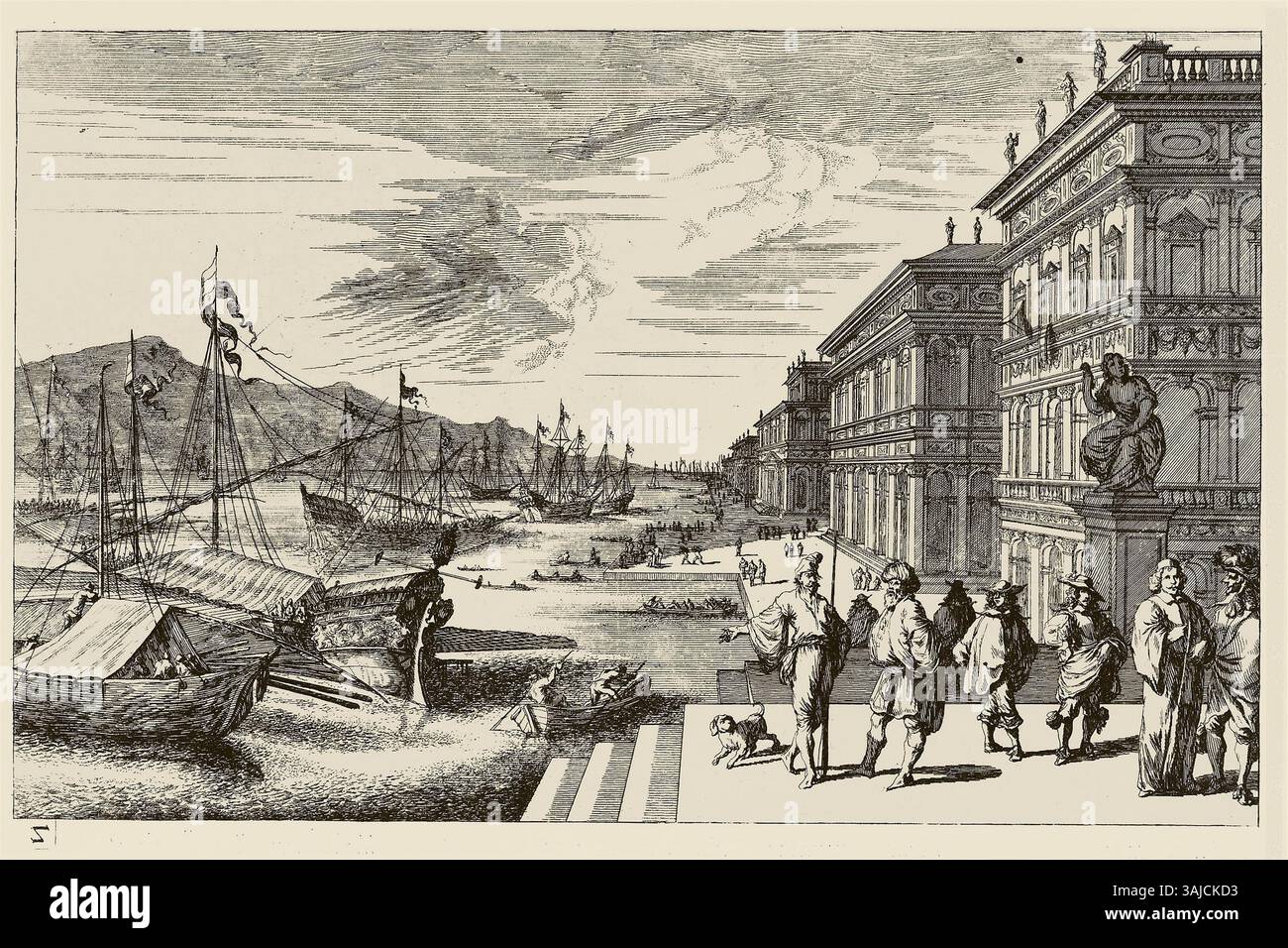 Cette gravure sur cuivre de 1671 de Melchior Küsel, basée sur le travail de Johann Wilhelm Baur de l''Iconographia', représente une vue vénitienne, capturant l'architecture de la ville dans les moindres détails. Banque D'Images