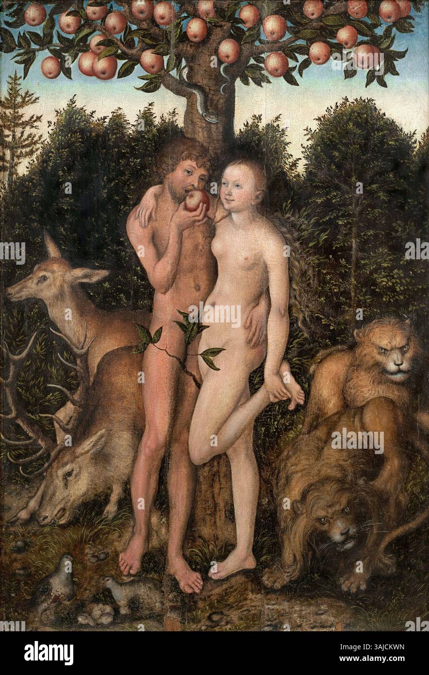 Ce tableau, attribué à l'atelier de Lucas Cranach le jeune, représente la scène biblique d'Adam et Ève. Créée vers 1527, c'est une huile sur panneau qui reflète le style distinctif de Cranach dans les thèmes religieux. Banque D'Images