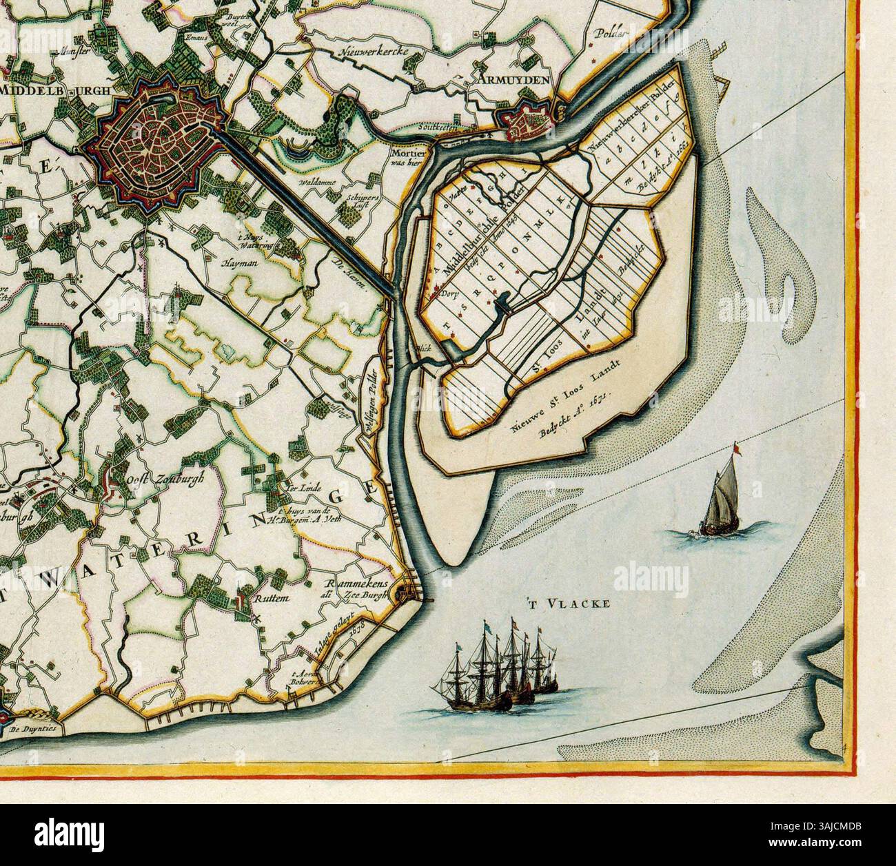 Carte de Nicolaes Visscher II, représentant l'île de Walcheren, basée sur une carte murale de Zacharias Roman. Créée après 1681, cette carte montre les liaisons géographiques et maritimes autour de l'île de Walcheren, y compris Middelburg, une ville centrale de Zélande. Banque D'Images