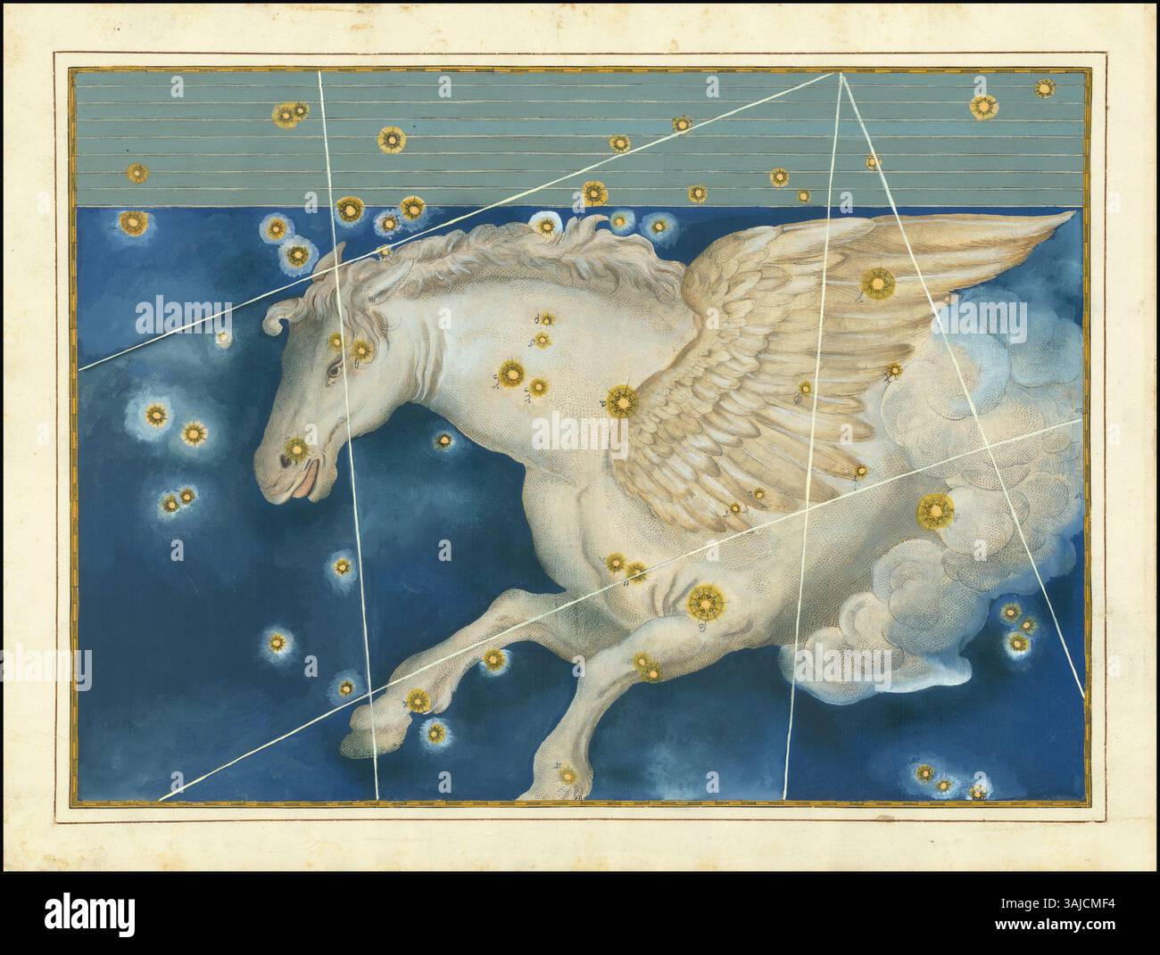 Cette carte céleste, créée par Johann Bayer en 1603, représente la constellation de Pégase. Il fait partie de l'influent atlas stellaire de Bayer, Uranometria, illustrant les étoiles de la constellation de Pégase avec précision et clarté. Banque D'Images