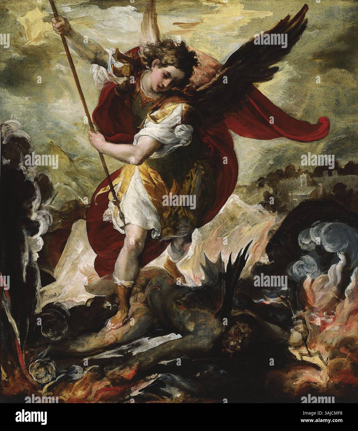 Cette peinture à l'huile du XVIIe siècle de Francesco Maffei représente l'Archange Michel qui a jeté Lucifer. L’œuvre, réalisée entre les années 1620 et 1650, est conservée au musée Thyssen-Bornemisza, illustrant l’art religieux de la période baroque. Banque D'Images