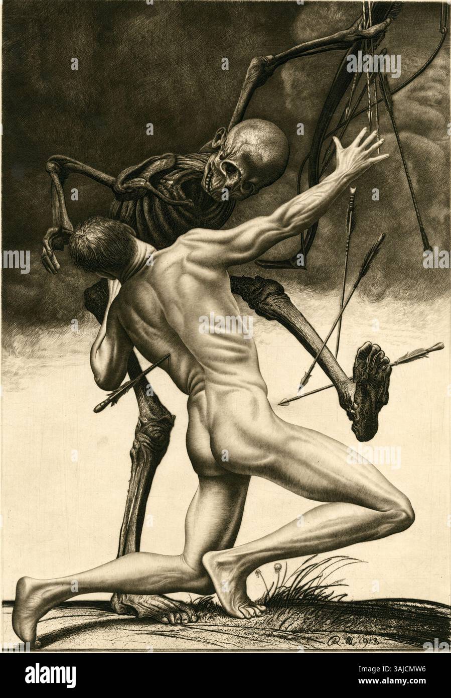 L’impression de Richard Müller de 1913, Todeskampf (Throes of Death), capture l’intense lutte émotionnelle d’une figure mourante. L’œuvre illustre le style expressionniste de Müller, mettant l’accent sur les lignes dramatiques et les tons sombres pour décrire la souffrance et la condition humaine. Banque D'Images