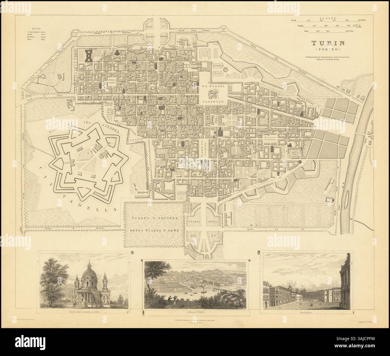 La carte de Turin de 1833, créée par William Barnard Clarke (1806-1865), est une œuvre cartographique historique montrant le tracé de la ville au début du XIXe siècle. Il fournit des schémas de rues détaillés et les principaux points de repère de l'époque. Banque D'Images