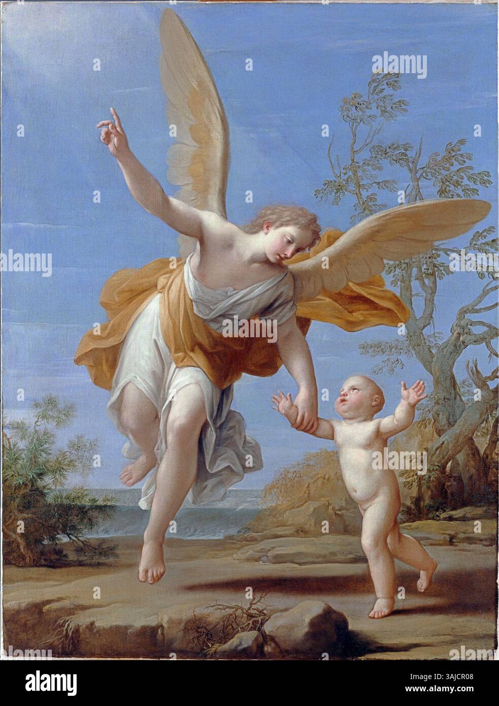 Le tableau de Marcantonio Franceschini de 1716, « L'ange gardien », montre une figure céleste guidant un enfant, un thème commun dans le baroque intégré La peinture est caractérisée par des détails délicats et l'utilisation de la lumière pour souligner le rôle protecteur de la figure angélique. Banque D'Images