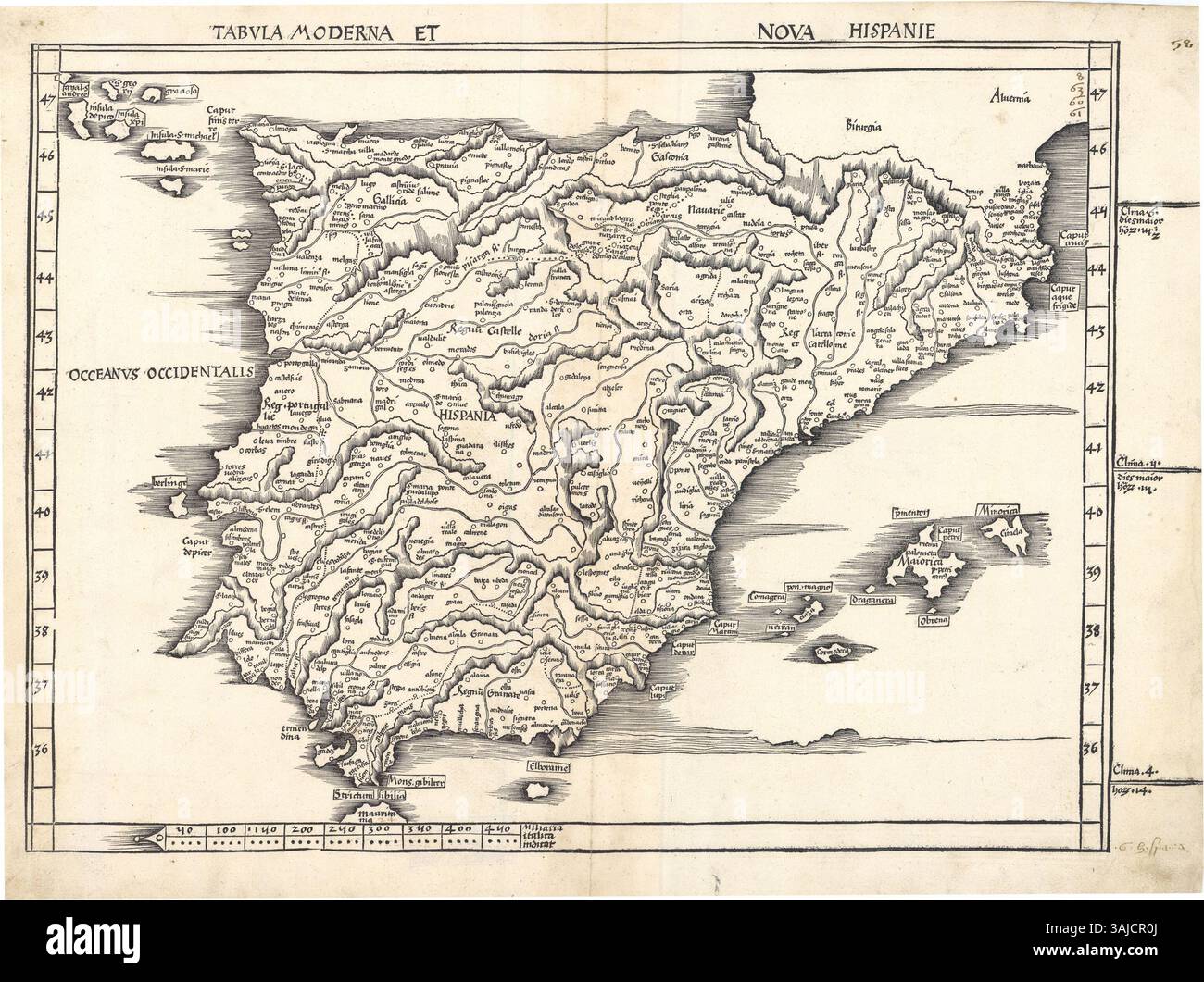 Cette carte de 1513 de Martin Waldseemüller est une représentation moderne de la péninsule ibérique basée sur la géographie ptolémaïque. Il place les îles des Açores au nord-ouest de la Galice, en les associant aux mythiques Casiterides. Banque D'Images