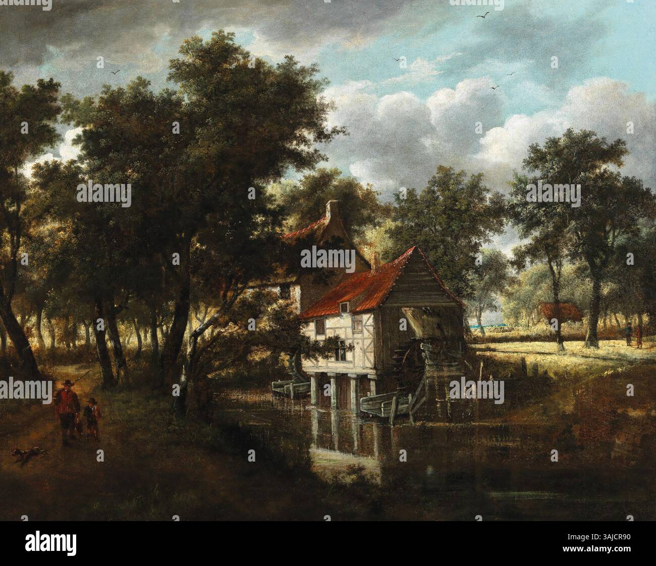 Cette peinture du XVIIe siècle de l'école Haarlem représente un paysage forestier avec un moulin à eau. L'huile sur toile mesure 101 x 80,5 cm et met en valeur les techniques néerlandaises de peinture de paysage. Banque D'Images