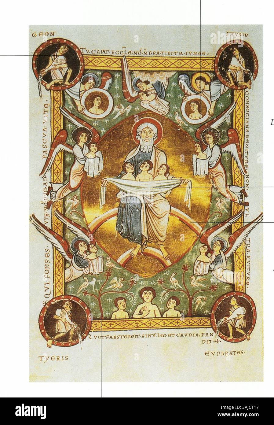 Cette œuvre, qui fait partie du Totenbuch von Obermünster (1177-83), représente des âmes transportées dans le sein d'Abraham. La peinture symbolise l'au-delà, avec les quatre rivières paradisiaques terrestres représentées dans les coins. Banque D'Images