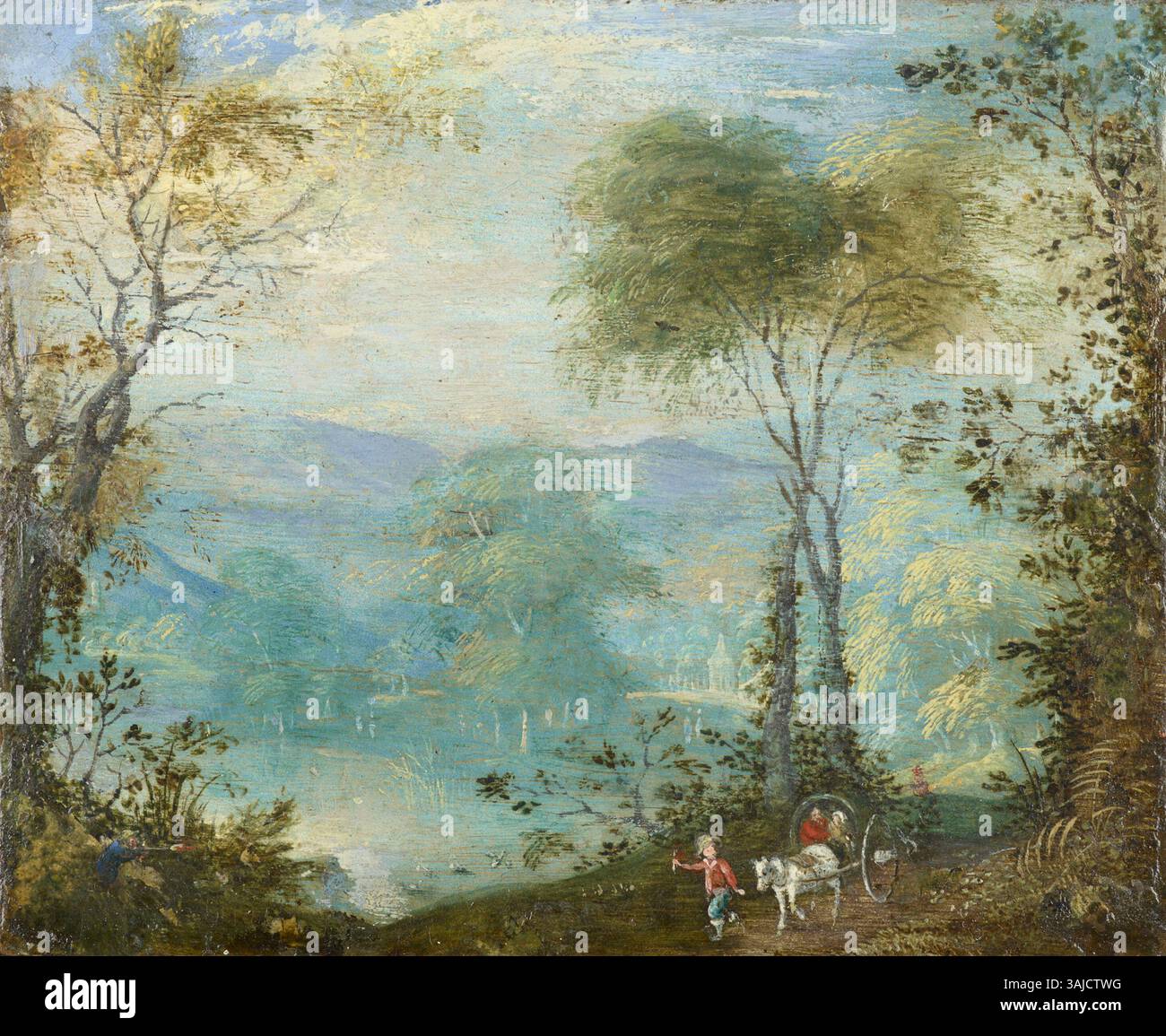 Cette peinture de paysage, dans le style de Jan Brueghel l'ancien, dépeint une scène sereine de lac. Créé entre 1600 et 1630, il reflète la beauté naturelle du paysage, mettant en valeur l’attention typique de Brueghel aux détails et la palette de couleurs vibrante. Banque D'Images