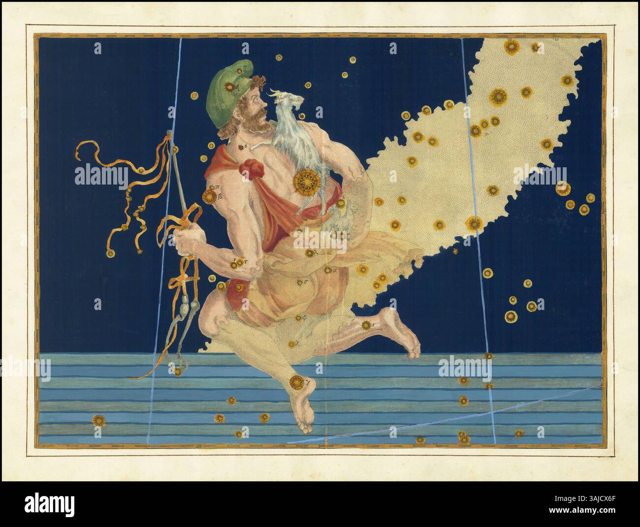 Cette œuvre de 1624 de Johann Bayer, intitulée 'Auriga', représente la constellation céleste Auriga. La pièce fait partie des contributions de Bayer à l'art astronomique et aux cartes stellaires au début du XVIIe siècle, mettant en évidence la position des étoiles dans le ciel. Banque D'Images