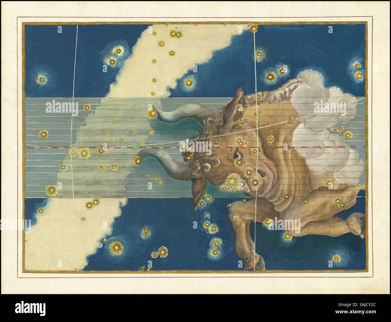 *Taureau* (1603) de Johann Bayer est une carte céleste qui met en évidence la constellation du Taureau. La carte astronomique illustre la contribution de Bayer au domaine de la cartographie céleste au début du XVIIe siècle. Banque D'Images