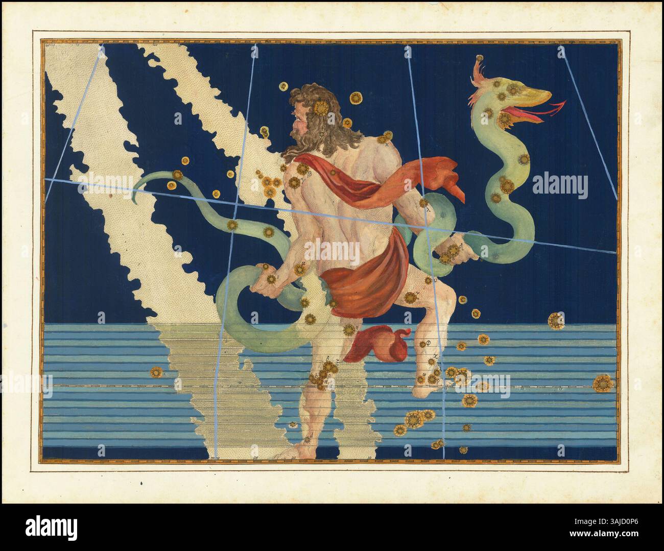 La carte céleste de Johann Bayer de 1603 présente les constellations Ophiuchus et Serpentarius. La carte a été une contribution importante à l'astronomie du XVIe siècle, illustrant les principales constellations et étoiles. Banque D'Images