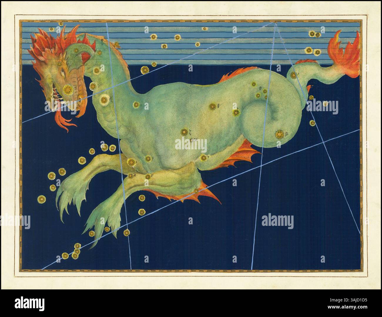 Cette gravure de Johann Bayer, créée en 1603, représente Cetus, le monstre marin de la mythologie grecque. Bayer, astronome et artiste influent, mêle observation scientifique et illustration artistique. Banque D'Images