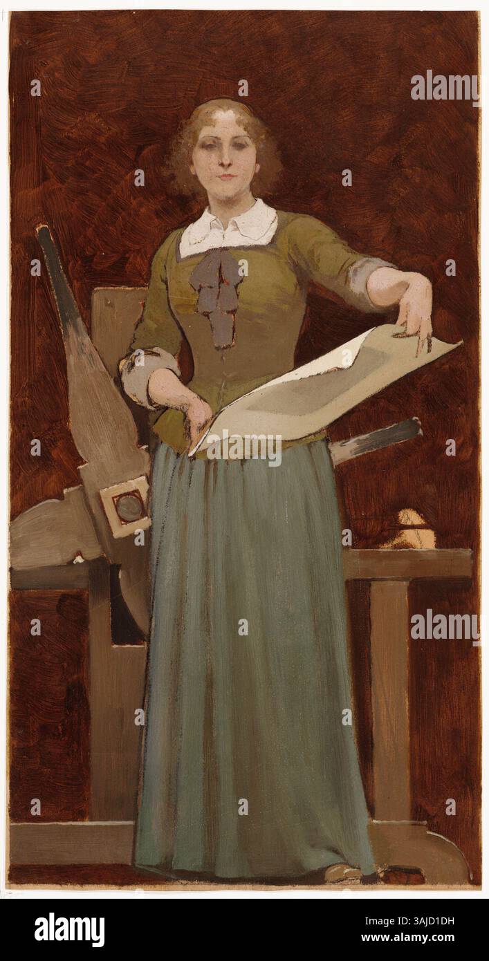 Ce dessin de Georg Sturm (1855-1923) représente une imprimeuse, créée dans le cadre de la décoration du Rijksmuseum d'Amsterdam. L'étude utilise de l'huile sur papier et reflète l'art traditionnel de l'impression. Banque D'Images