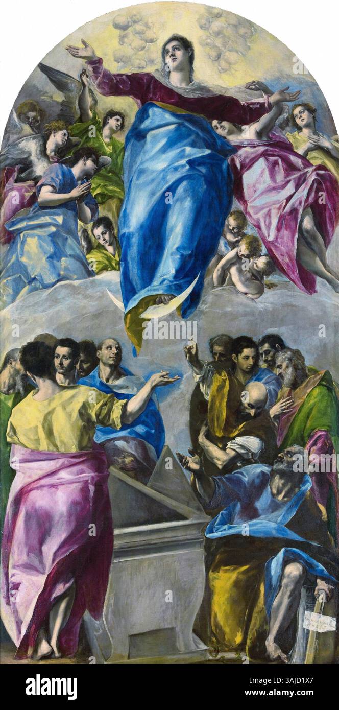 Peinture religieuse d'El Greco, représentant l'Assomption de la Vierge, réalisée entre 1577 et 1579. L'huile sur toile capture le moment dramatique de l'ascension de Marie, mettant en valeur l'utilisation distincte de la couleur et de la lumière par El Greco. Banque D'Images