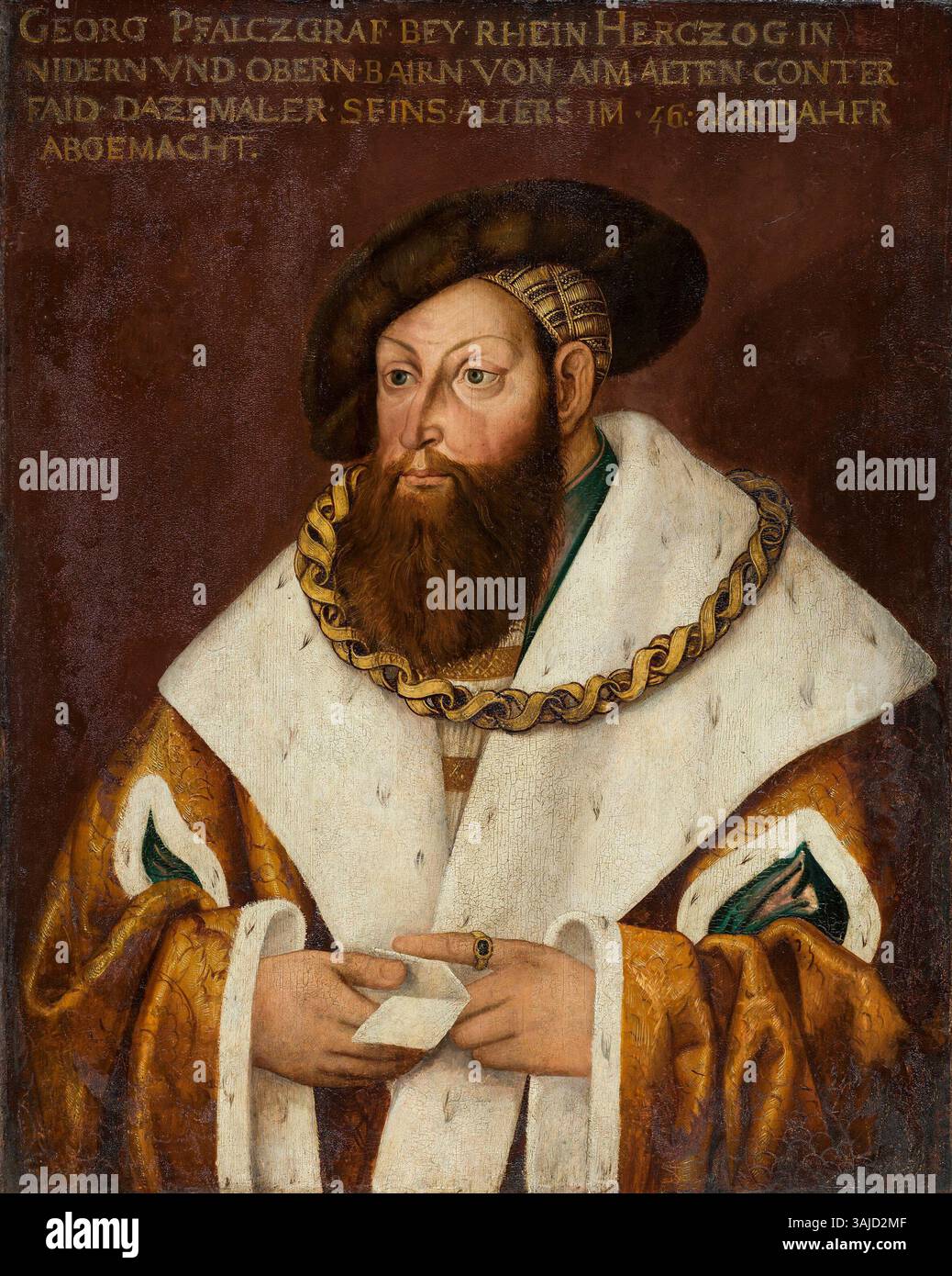 Ce portrait de 1537 par Peter Gärtner représente le duc George le riche de Bavière, également connu sous le nom de Herzog Georg der Reiche. La peinture, placée sur du bois d'épinette, reflète son statut puissant dans la Bavière du XVIe siècle, capturant sa présence royale. Banque D'Images