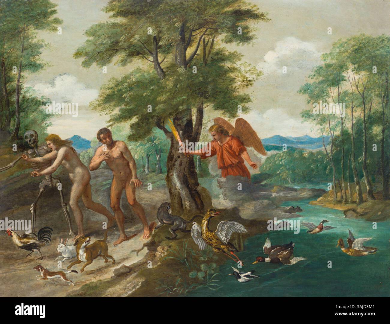 Cette peinture à l’huile du XVIIe siècle de Jan Brueghel le jeune, L’expulsion du Paradis, représente le moment biblique du bannissement d’Adam et Ève d’Eden. Les couleurs vives et les scènes dramatiques reflètent le style baroque. Banque D'Images