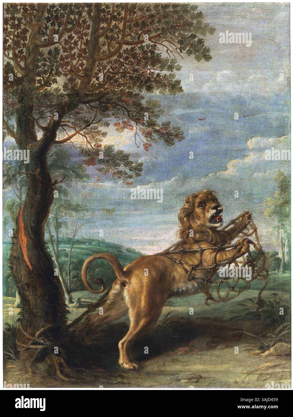 'Fable du Lion et de la souris' (entre 1600 et 1657) de Frans Snyders, représentant une scène de la fable d'Ésope, mettant en vedette des animaux dans une peinture à l'huile tenue dans le Museo del Prado. Banque D'Images