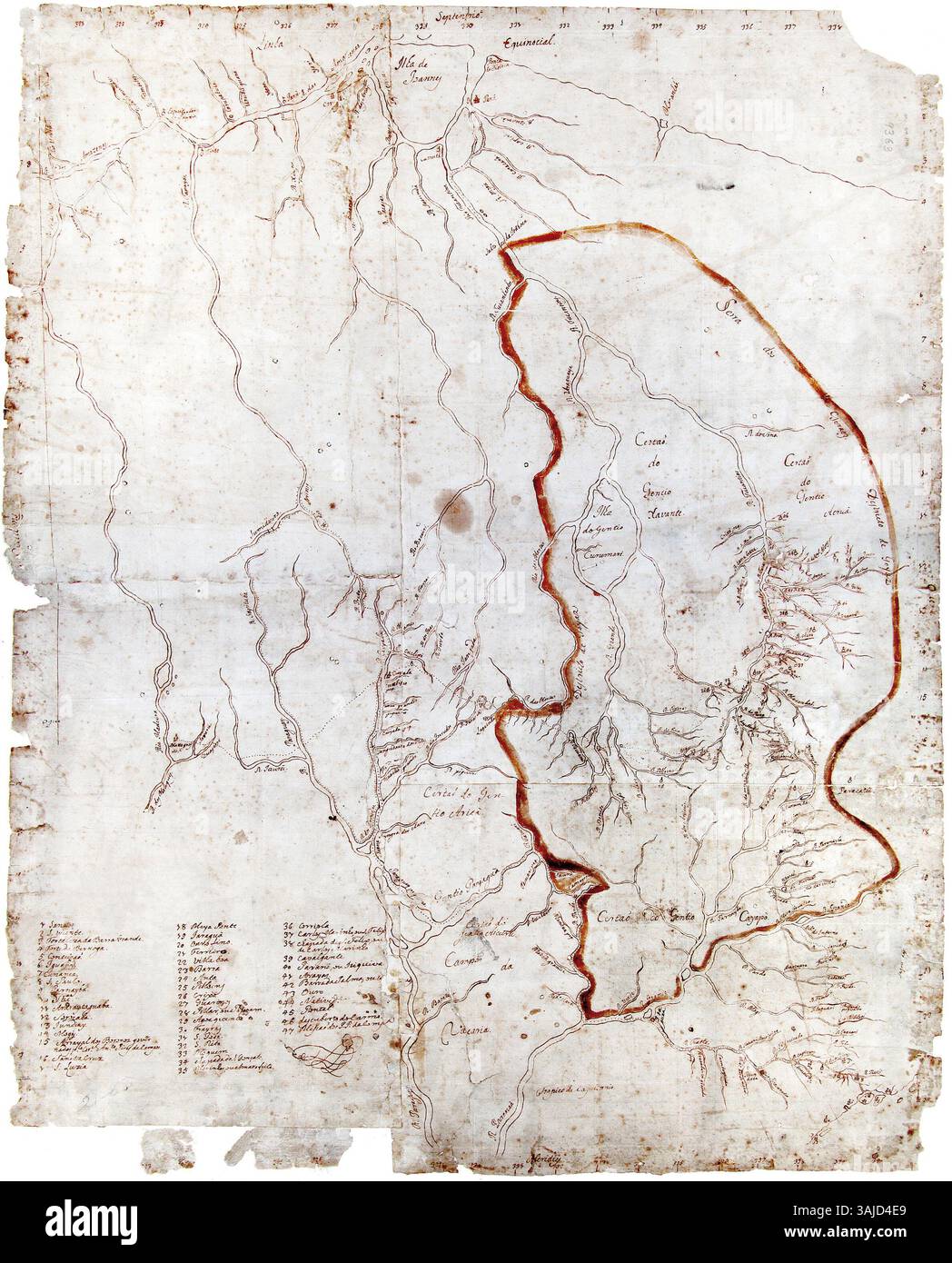 Cette carte de 1750 illustre les limites proposées de Goiás, détaillant le Rio das mortes et sa connexion à la rivière Araguaia. Il marque également les communications entre les bassins des Río de la Plata et de l'Amazone. Banque D'Images