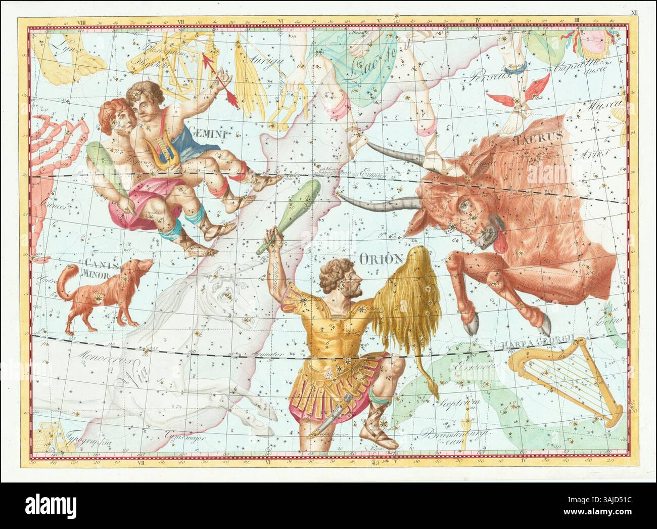 *XII Le Taureau* de *Coelum stellatum* de Johann Elert Bode, 1801, représente la constellation du Taureau. La carte montre les positions des étoiles et des principaux corps célestes au sein de cette constellation zodiacale, illustrant la connaissance astronomique détaillée de l'époque. Le travail de Bode a joué un rôle déterminant dans l’avancement de la cartographie stellaire et de la navigation céleste. Banque D'Images