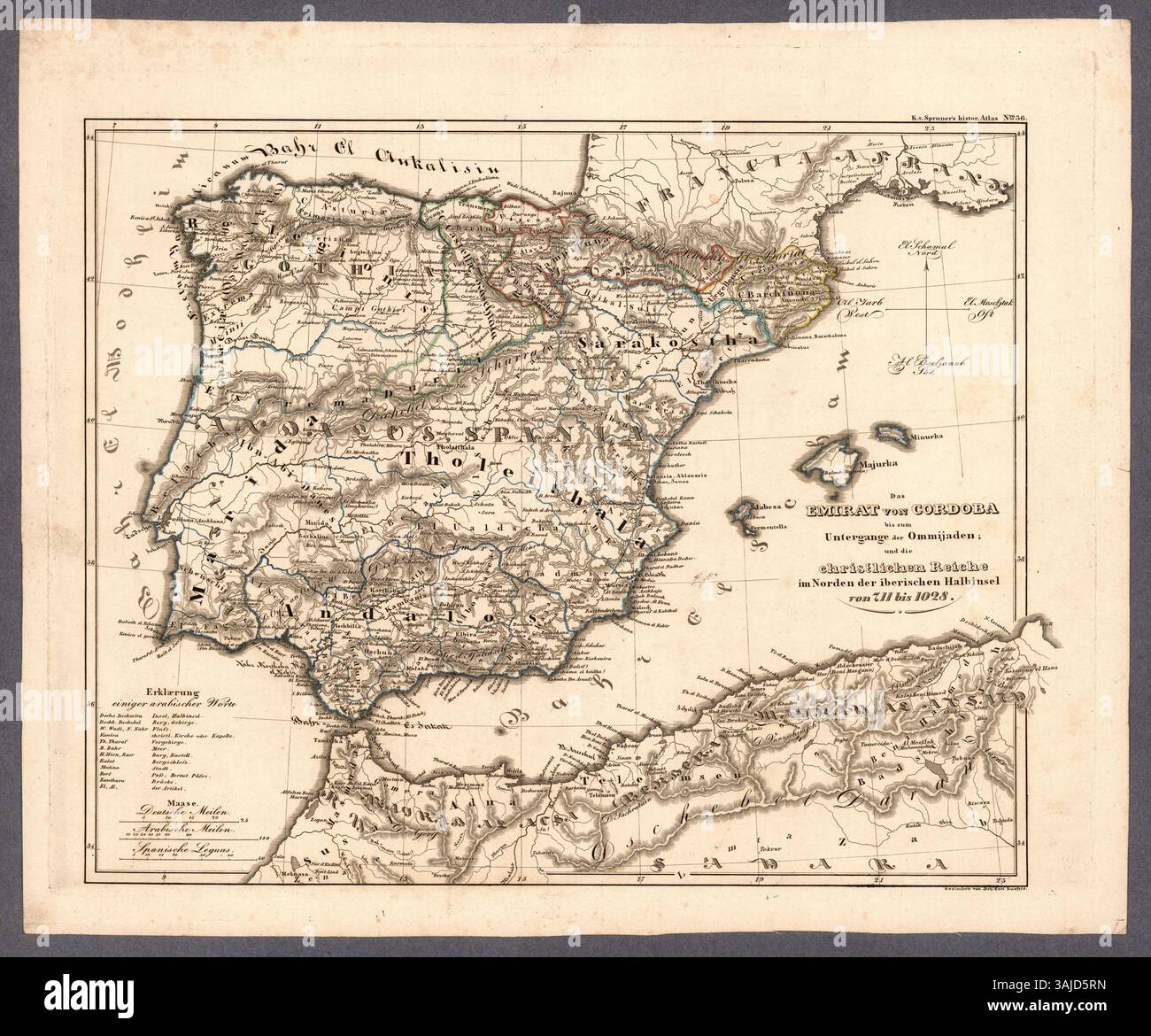 Cette carte de l'atlas historique de Karl von Spruner couvre la période allant de la création de l'émirat de Córdoba au déclin des Omeyyades, mettant en évidence les royaumes chrétiens du nord de la Ibérie à cette époque. Banque D'Images