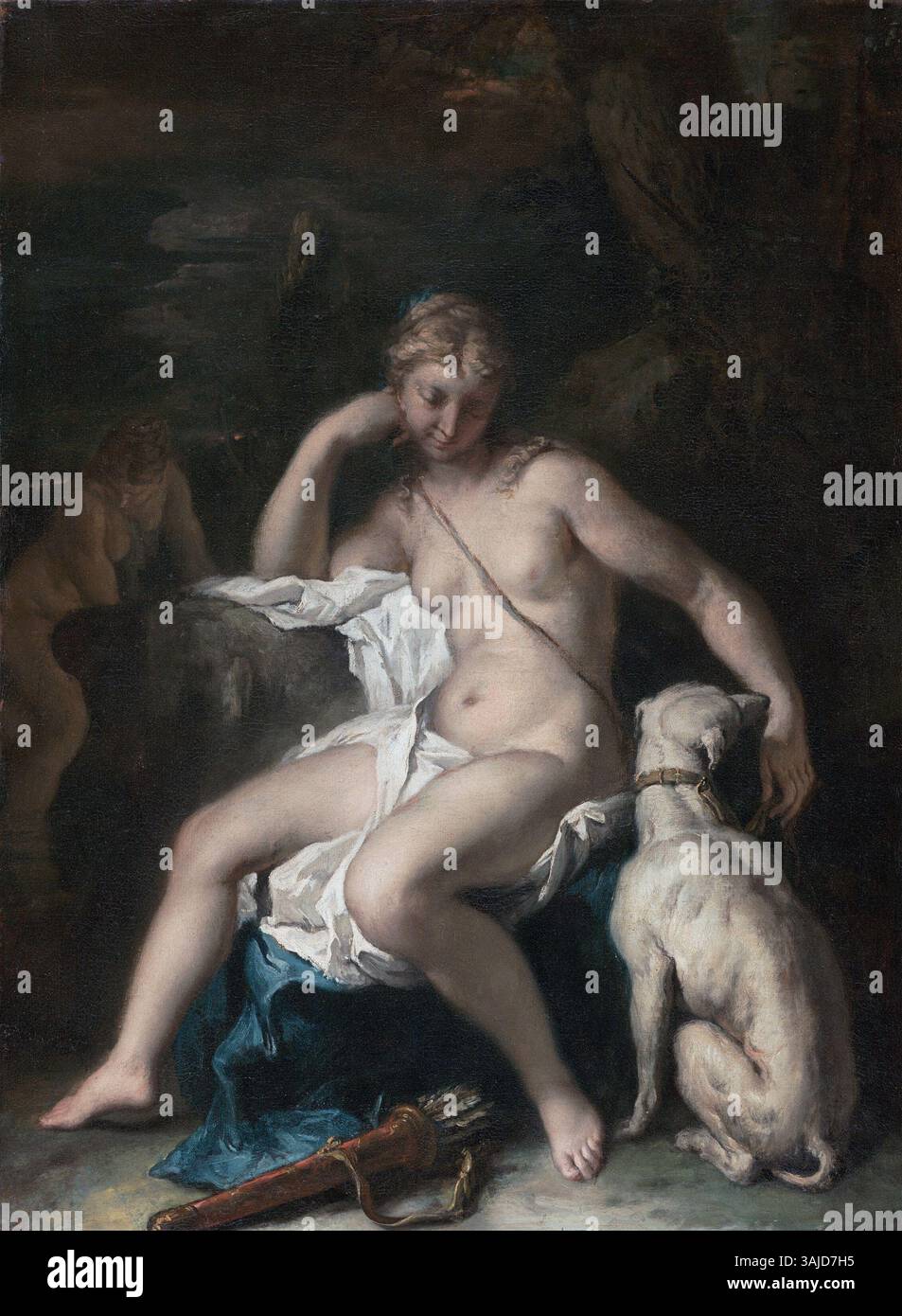 La peinture de Sebastiano Ricci 'Diana et son chien' (vers 1700-1705) représente la déesse romaine Diana avec son chien de chasse. L'huile sur toile est conservée au Getty Center, mettant en valeur l'utilisation de la lumière et du mouvement par Ricci dans le baroque garanti Banque D'Images