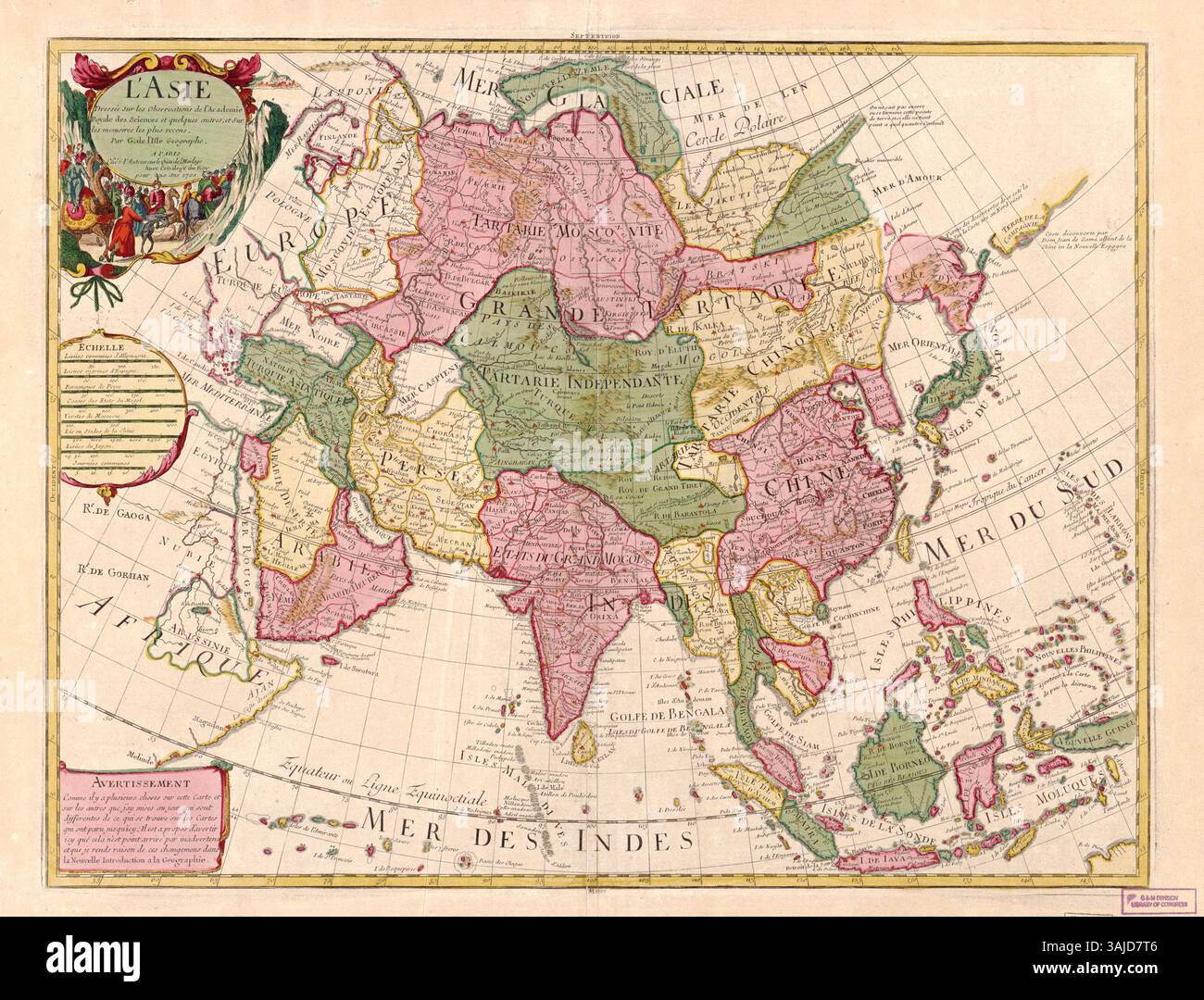 Une carte de l'Asie créée en 1700 par Guillaume de L'Isle, basée sur des observations de l'Académie Royale des Sciences et des mémoires récentes. Il met en valeur la compréhension géographique de l'Asie au début du XVIIIe siècle. Banque D'Images