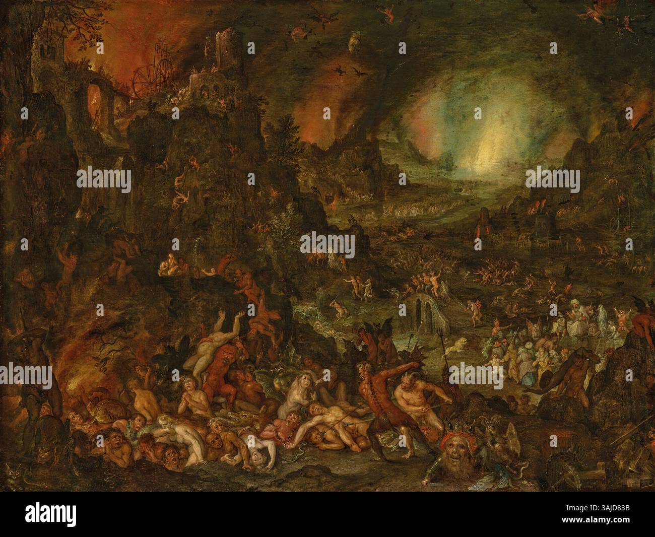 Cette peinture de 1601 intitulée 'L'enfer' par Jan Brueghel l'ancien représente une scène de tourments et de souffrances, rendue à l'huile sur cuivre. L'œuvre fait partie d'une collection privée et est un exemple de baroque religieux Banque D'Images