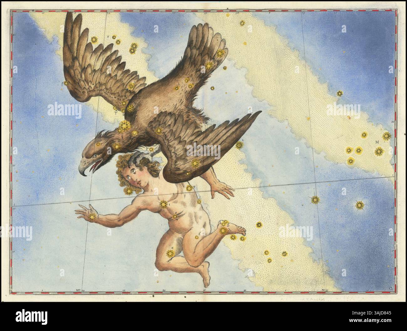 Cette carte de 1624 étoiles de Johann Bayer, intitulée *Aquila*, illustre la constellation d'Aquila dans le ciel nocturne. C'est un excellent exemple des premières cartes astronomiques modernes. Banque D'Images