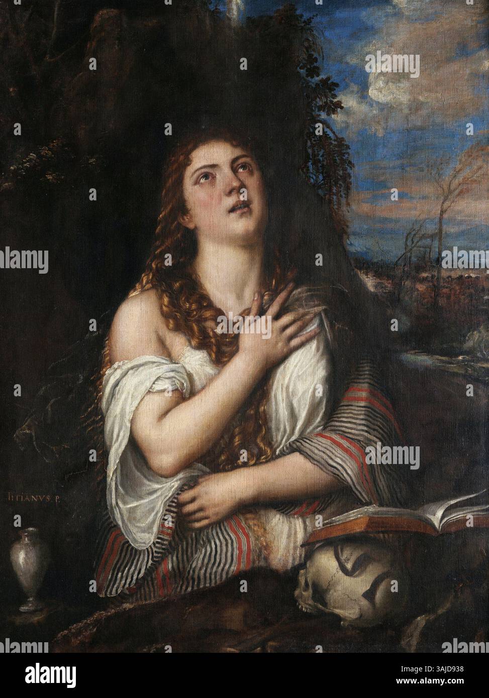 *La pénitente Madeleine* de Titien (vers 1565) représente Marie Madeleine dans un moment de contemplation religieuse et de pénitence. L'huile sur toile reflète la maîtrise du Titien dans la capture de la profondeur émotionnelle et de la spiritualité dans ses sujets. Banque D'Images