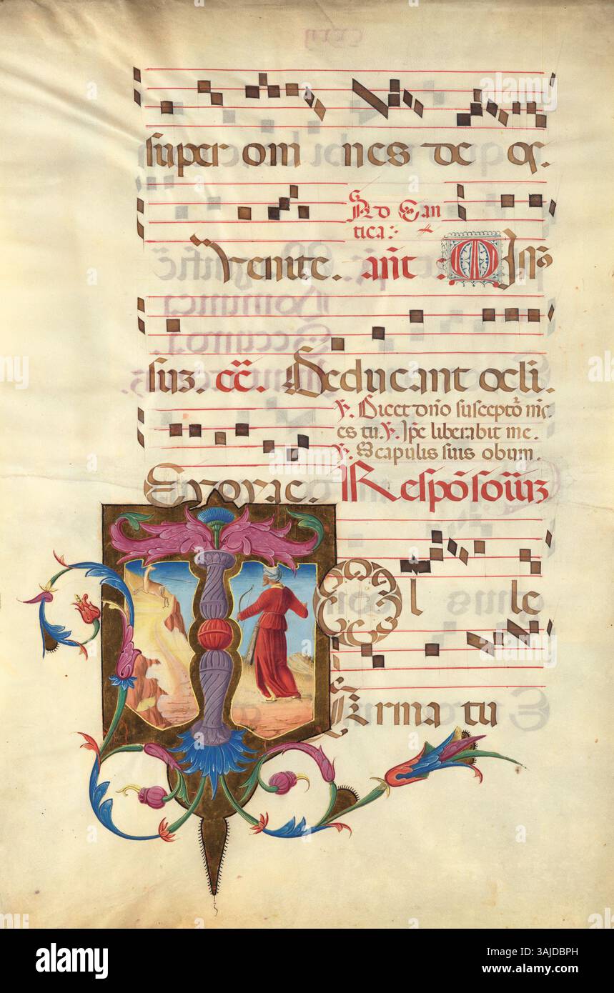 Folio antiphonal avec l'initiale historiée 'T', Italie, XIVe ou XVe siècle, comprenant des images religieuses détaillées, du texte latin et une notation musicale, conservé dans la bibliothèque Chester Beatty. Banque D'Images