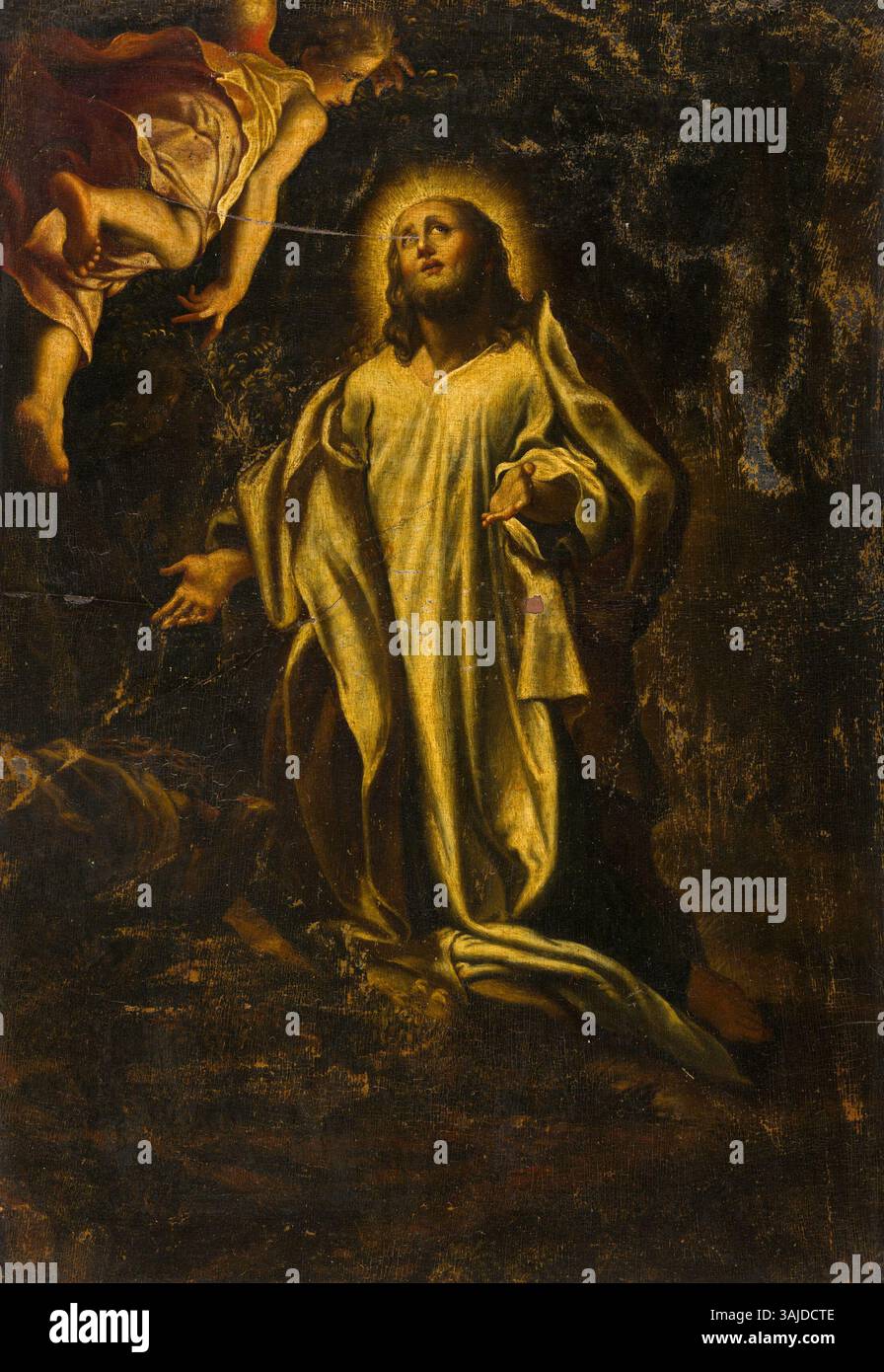 Une peinture d'après Correggio représentant le Christ sur le Mont des oliviers, créée entre 1504 et 1821, mettant en valeur l'agonie et la prière du Christ dans un moment charnière de l'histoire chrétienne. Banque D'Images