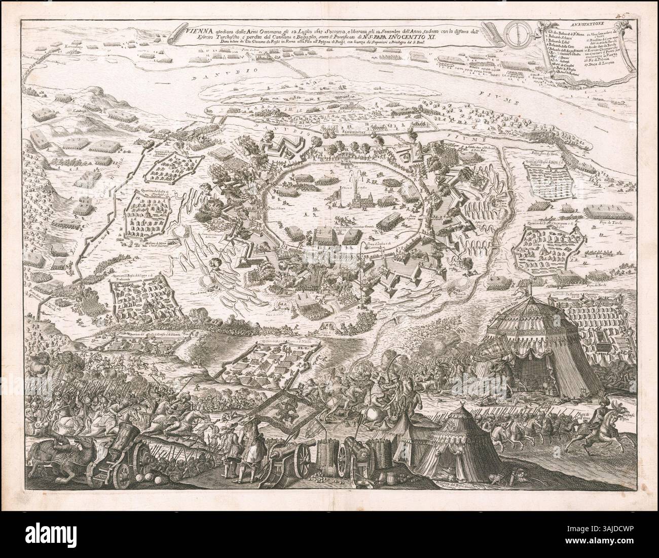 'Vienna Assediata dalle Armi Ottomane' (Vienne assiégée par les forces ottomanes le 12 juillet 1683), gravure de Giovanni Giacomo de Rossi, représente le siège de Vienne et son relief éventuel. L'œuvre montre le moment dramatique de la défaite ottomane. Banque D'Images