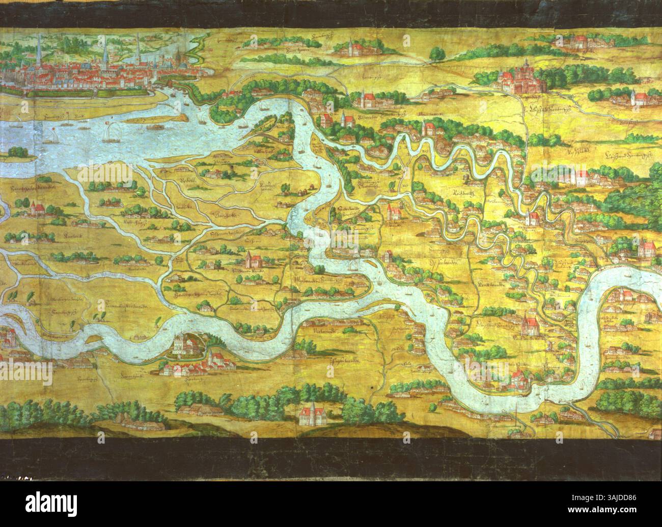La carte 'Elbkarte' de Melchior Lorck (1568) montre l'Elbe à Hambourg. Cette carte historique, créée pour les Archives d'État de Hambourg, offre de précieuses informations géographiques sur la région à la fin du XVIe siècle, mettant en valeur le système fluvial de Hambourg et ses environs dans une cartographie détaillée. Banque D'Images
