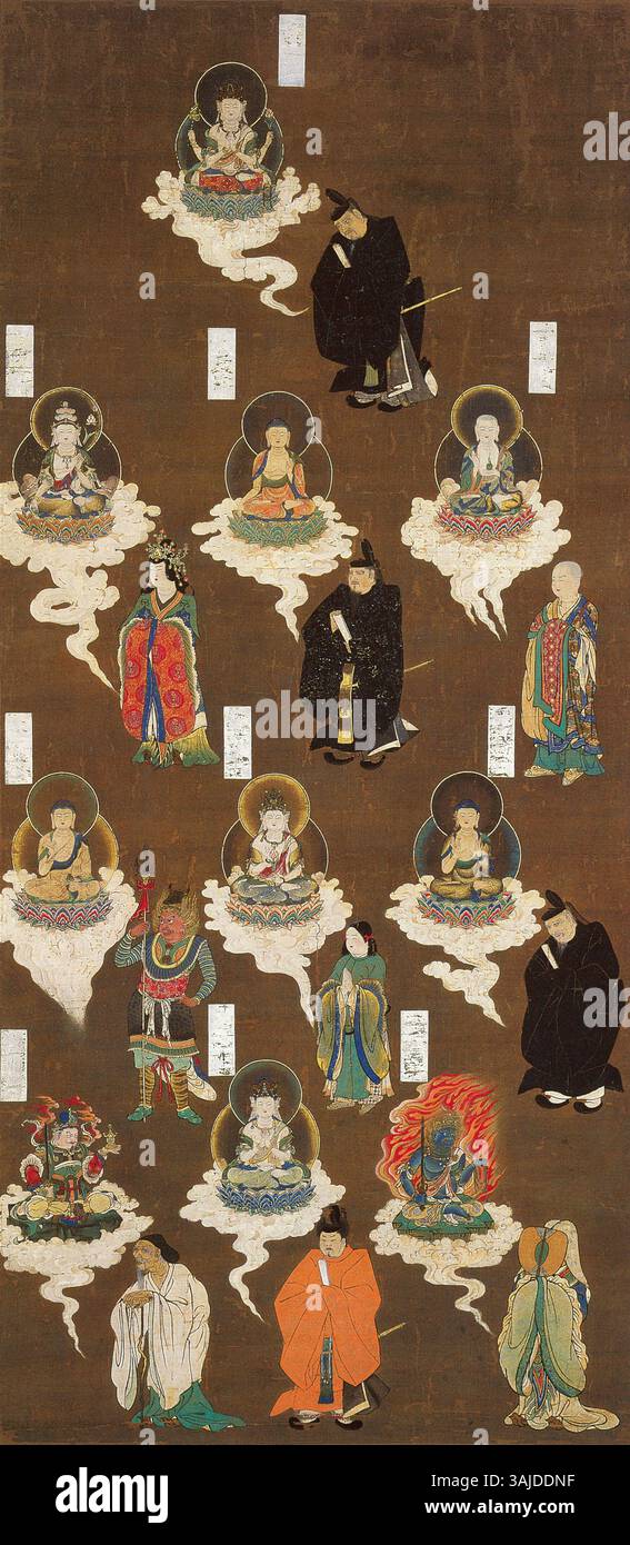 Peinture du 13ème au 14ème siècle représentant le Mandala des Bouddhas originaux. L'œuvre comprend des représentations du temple Kasuga, mêlant imagerie bouddhiste et iconographie locale, peintes sur soie. Banque D'Images