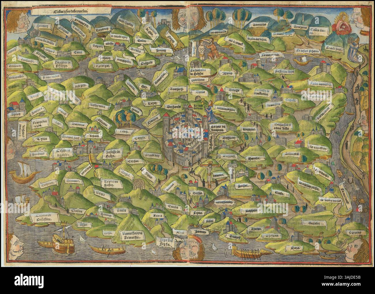 Ce tirage de 1543 est une reproduction de Burchard of Mt. Carte médiévale de la Palestine de Sion, illustrant la région telle qu’elle était comprise au moyen âge. Banque D'Images