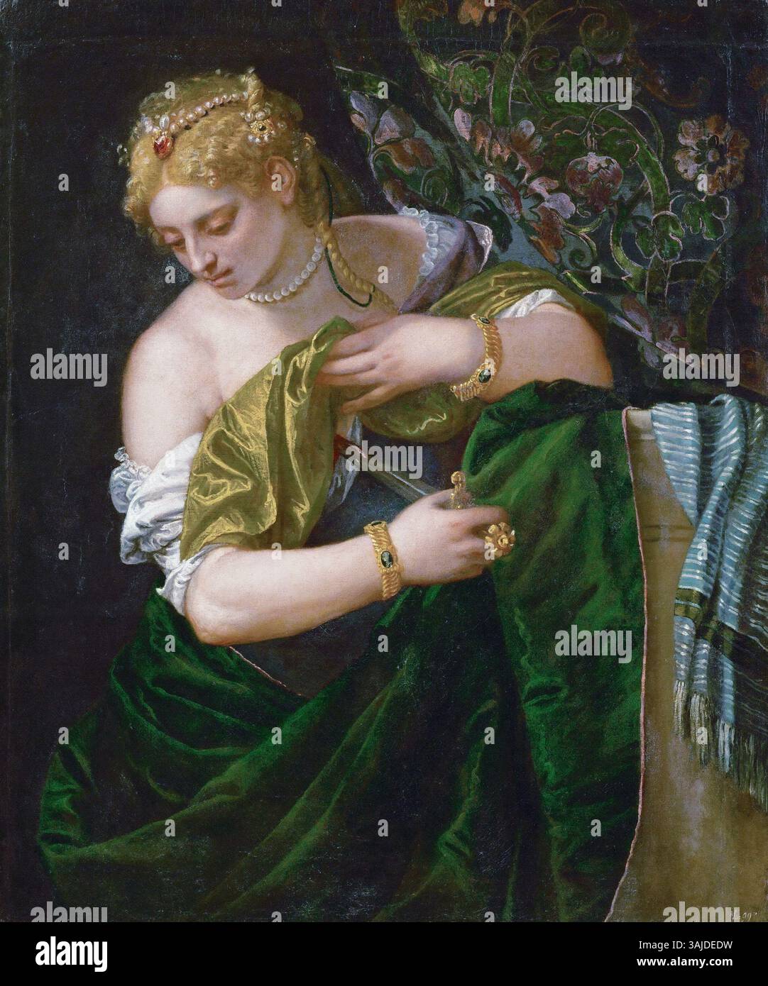 Lucrèce, une peinture de Paolo Veronese, vers 1580-1583, représentant le suicide tragique de la matrone romaine Lucrèce. La peinture capture l'intensité émotionnelle de son histoire, un moment charnière de l'histoire romaine, symbolisant l'honneur et la vertu. Banque D'Images