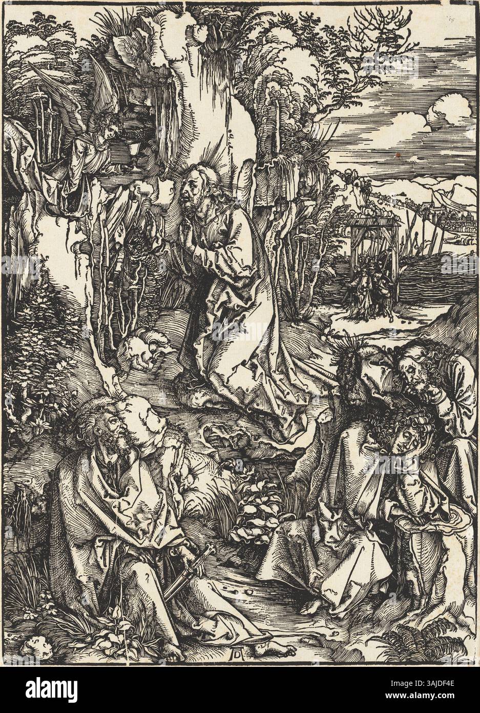 Agony in the Garden (agonie dans le jardin) est une gravure sur bois d'Albrecht Dürer, qui fait partie de sa série « Grande passion », créée entre 1496 et 1500 et imprimée en 1511. Il représente la souffrance du Christ dans le jardin de Gethsémani. Banque D'Images